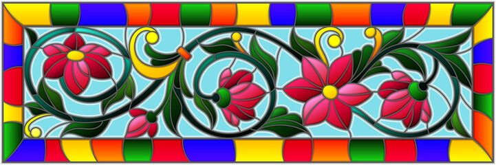 Illustration in stained glass style with abstract pink flowers on a blue  background in bright frame