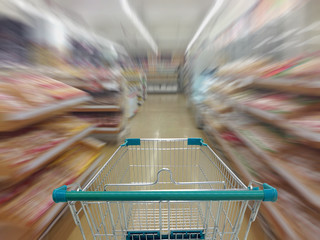 Supermarket aisle with empty shopping cart, Supermarket store abstract blurred background with shopping cart