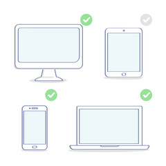 Set of electronic devices icons: computer display, laptop, tablet, smartphone. Different resolutions, screen sizes. Flat outline UI set element, premium quality illustration design for website or app.