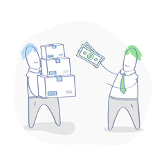 Two cute cartoon men hold in their hands money in cash and boxes. Deal, purchase, process of payment, cash on delivery, payment to courier for shipping. Flat outline vector illustration.