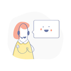 Technical support operator, online help, chat, faq, call center concept. Cute cartoon consultant with happy speech bubble. Flat outline illustration concept, isolated vector on white.