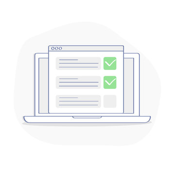 Checklist On Laptop Display, Checkboxes With Check Mark. List Of Purchases, Tasks, To Do, Wish List On The Website Concept. Flat Outline Vector Design, Premium Quality Trendy Icon.