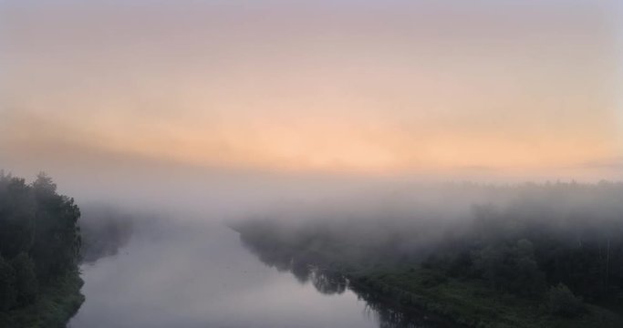 Drone shot rising through thick fog revealing dawn over river valley in Gauja National Park, Latvia