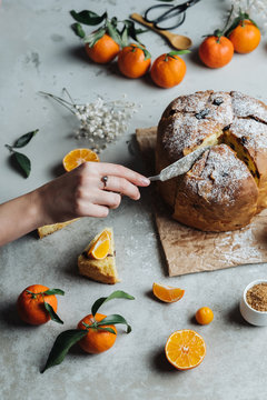 Woman cutting a slice of Panettone, homemade Italian Christmas cake with oranges and raisins.
