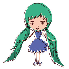 girly fairy without wings and green long hair with pigtails in purple dress in watercolor silhouette