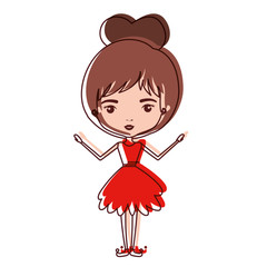 girly fairy without wings and brown collected hair in red dress in watercolor silhouette