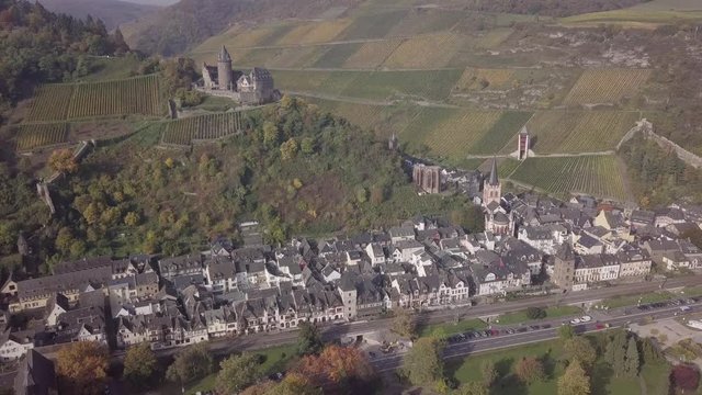 Flight over Bacharach town and autumn vineyards, Rhine Valley, Germany. Original untouched LOG format.