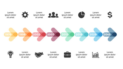 Vector arrows circles timeline infographic, diagram chart, graph presentation. Business progress concept with 8 options, parts, steps, processes.