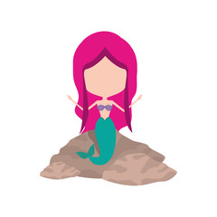 mermaid in a rock without face and magenta hair on white background