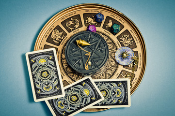 zodiac signs magic pendulum, astrology dice, tarots like esoteric concept 