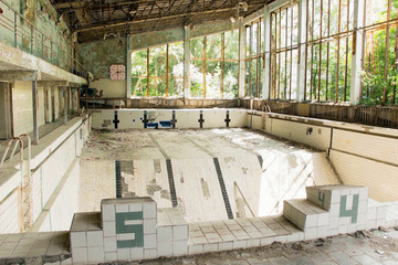 Destroyed swimming pool in Chernobyl, Ukraine