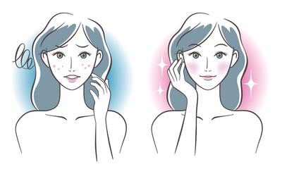 Woman skincare before after concept. Vector illustration. 