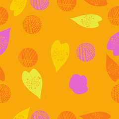 Seamless pattern with leaves and shapes. Hand drawn.