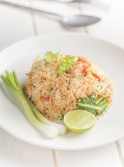 close-up fried rice on white table angle side view