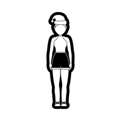 flat line monochromatic woman with santa hat over white background  vector illustration