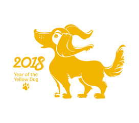 Funny Yellow Dog 2018. Flat vector template for the New Year's design. Dog - symbol of 2018 on the Chinese calendar.