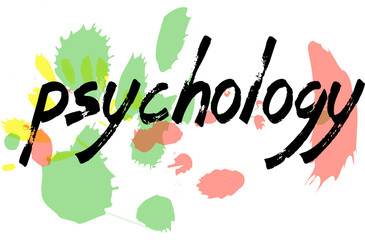 Colorful spots are in the background of the word Psychology written with a black brush