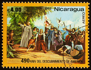 Landing of Christopher Columbus in West-Indies on postage stamp