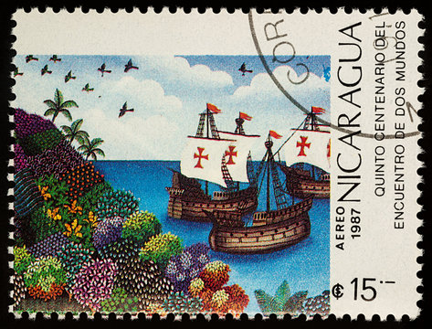 Sailing ships of Columbus on postage stamp