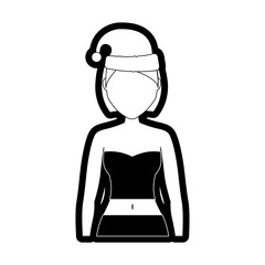 flat line monochromatic woman with santa hat over white background  vector illustration