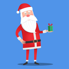 Santa Claus holding a gift box. Christmas greeting card, background or poster. Vector illustration