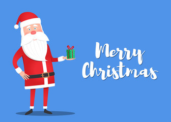 Santa Claus holding a gift box. Christmas greeting card, background or poster. Vector illustration
