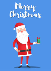 Santa Claus holding a gift box. Christmas greeting card, background or poster. Vector illustration