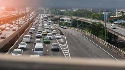 traffic jam with row of cars on toll way