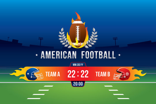 Vector of American football  with team competition and scoreboard on green field background.