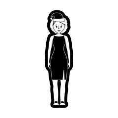 flat line monochromatic woman with santa hat over white background  vector illustration
