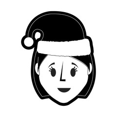 flat line monochromatic woman with santa hat over white background  vector illustration