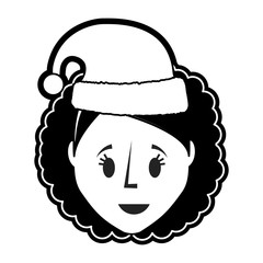 flat line monochromatic woman with santa hat over white background  vector illustration