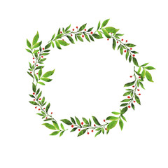 Obraz premium Round elegance green leaves and berries frame on white background. Hand drawn watercolor illustration.