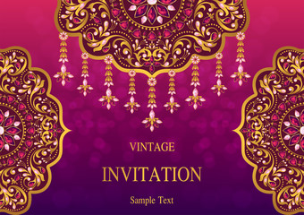 Wedding Invitation card templates with gold patterned and crystals on background color. 
