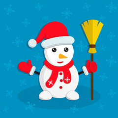 Snowman with broom vector color cartoon flat illustration on blue background. Vector winter illustration.