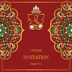 Wedding Invitation card templates with gold patterned and crystals on background color. 