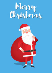 Santa Claus holding a gift box. Christmas greeting card, background or poster. Vector illustration