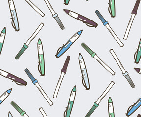 Seamless pattern with hand drawn vector colorful doodle pens and soft-tip pens.