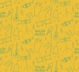 Seamless pattern with  hand drawn musical salsa instruments - obrazy, fototapety, plakaty