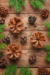 New Year's decorative natural background with spruce, pine cones and fir branches. Christmas.
