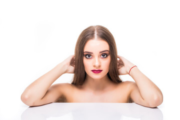 Obraz premium Beautiful Young Woman with Clean Fresh Skin look away .Girl beauty face care. Facial treatment . Cosmetology , beauty and spa .