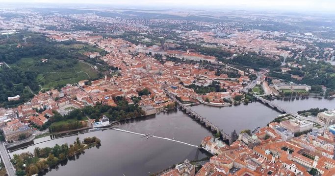 Aerial view of Prague city and River Vitava, Czech Republic