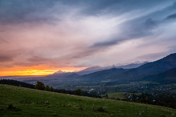 Fototapeta na wymiar Dawn over Zakopane in Tatra mountains from Koscielisko, Poland