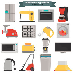Household appliences color flat icons set