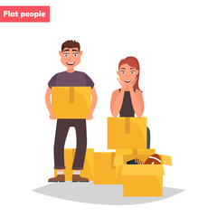 Obraz premium A young couple collects things in boxes color flat illustration