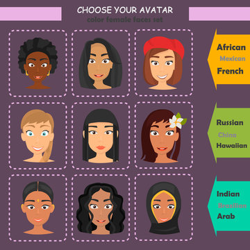 Different nationalities girls avatar faces color flat icons set