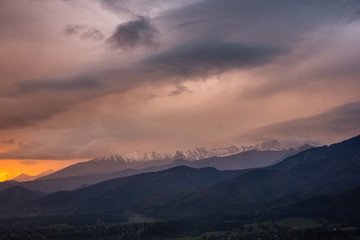 Fototapeta na wymiar Dawn over Tatra mountains from Koscielisko, Poland