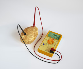 Potato battery on white background. Multimeter with positive and negative electrodes inserted into a potato measures the "bio electrical current" created a fresh picked potato. .