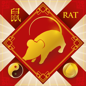 Charm with Chinese Zodiac Rat, Water Element and Yang Symbol, Vector Illustration