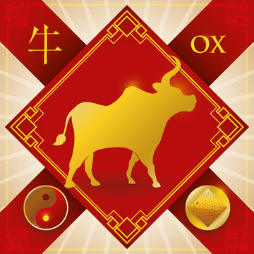 Charm With Chinese Zodiac Ox,  Earth Element And Yin Symbol, Vector Illustration